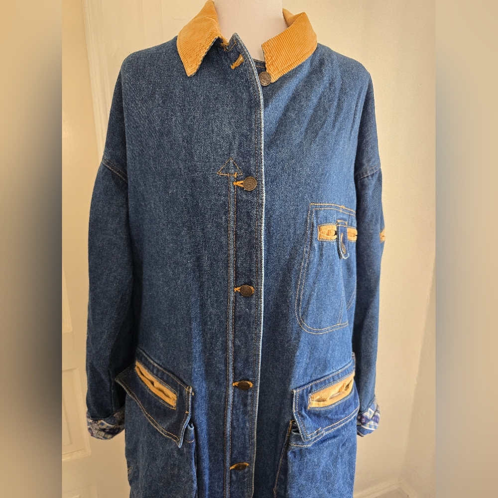 Vintage Current Seen Denim Long Coat with Tan Corduroy Collar - Picture 2 of 15